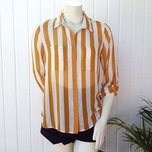 Forever21 Sheer Striped Mustard Blouse Button Down